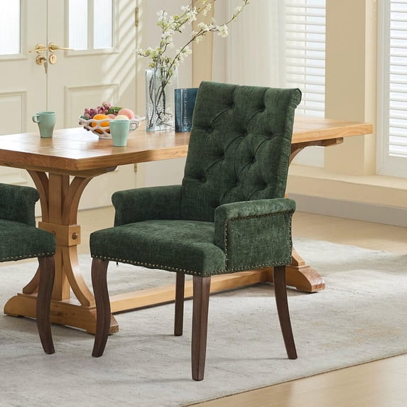 Resenkos Elegant Tufted Chenille Fabric Accent Dining Chair with Solid Wood Curved Legs for Dining or Kitchen, Olive Green