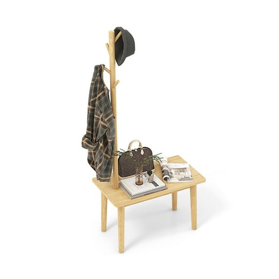 Resenkos End Table with Coat Rack Solid Wood Coat Tree with 2-in-1 Side Table-Natural, Entryway Hat, Coat, and Shoe Organizer, Coat Rackfor Foyer Area