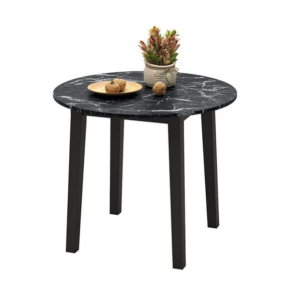 Resenkos End Table,Dining Table, Living Room Table,35 Inch Round Dining Table with Rubber Wood Legs and Marble-textured Veneer Tabletop-Black