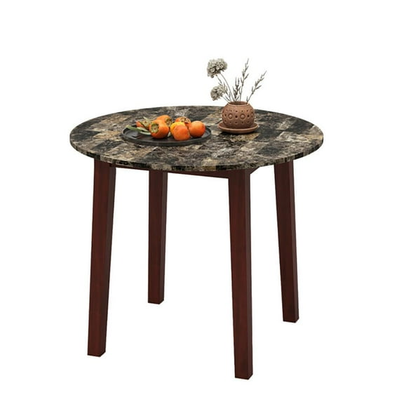 Resenkos End Table,Dining Table, Living Room Table,35 Inch Round Dining Table with Rubber Wood Legs and Marble-textured Veneer Tabletop-Brown