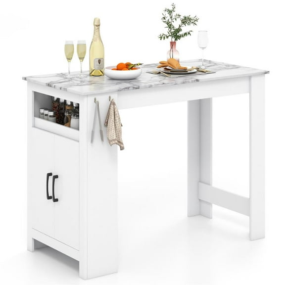Resenkos End Table,Dining Table, Living Room Table,Bar Table Faux Marble Pub Table with 7 Hanging Hooks Compartment-White