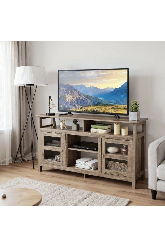 Entertainment Centers,TV Stands,58 Inch TV Stand Entertainment Console Center with 2 Cabinets-Natural