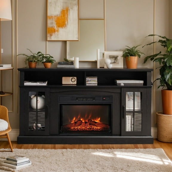 Resenkos Entertainment Centers,TV Stands,Fireplace TV Stand for TVs Up to 65 Inch with Side Cabinets and Remote Control-Black