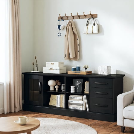 Resenkos Entertainment TV Stand,Entertainment Center63 Inches Media Console Table with 3 Drawers and 2 Glass Shelves-Black