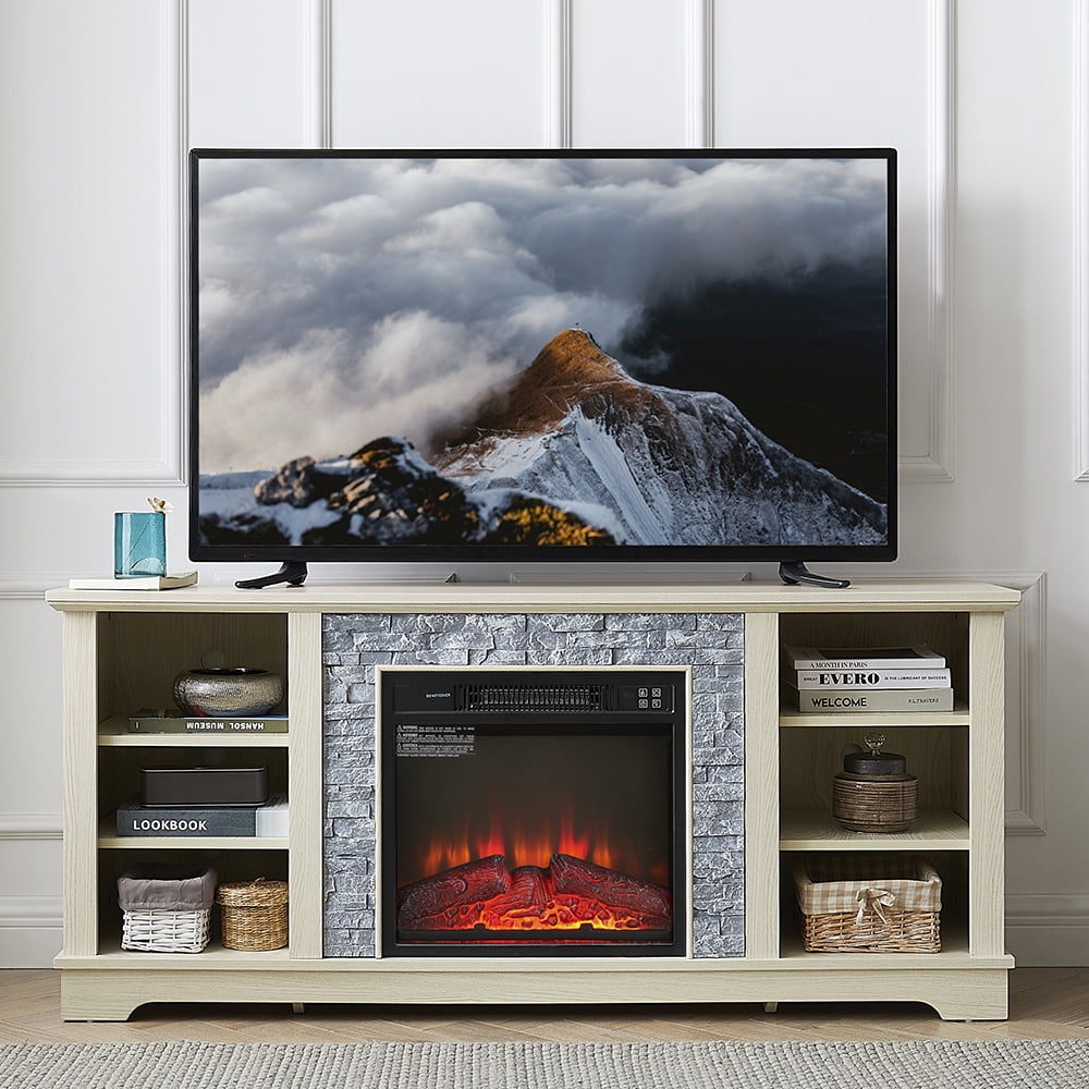 White MDF TV Stand with Faux Stone Fireplace Insert