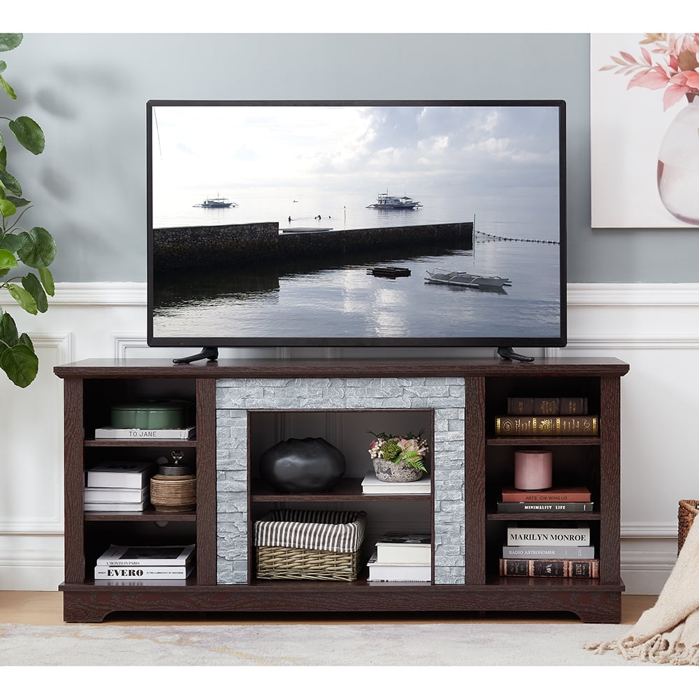 Resenkos Entertainment TV Stand,Entertainment CenterTV Media Stand with with Faux Stacked Stone Surround, Modern Entertainment Console, Cherry