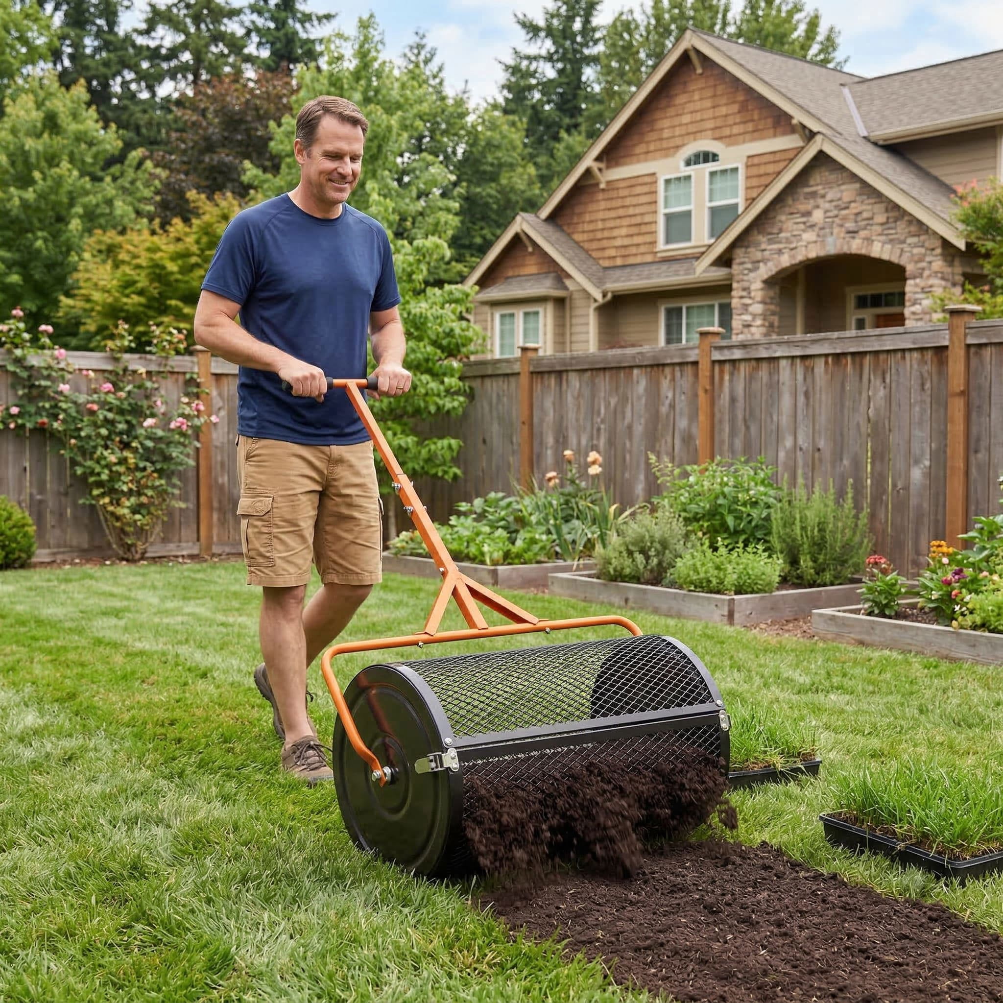 Resenkos Ergonomic T-Handle Multi-Purpose Garden Spreader Roller, 24 Inch Lawn Topdressing Compost Spreader for Yard and Farm, Orange