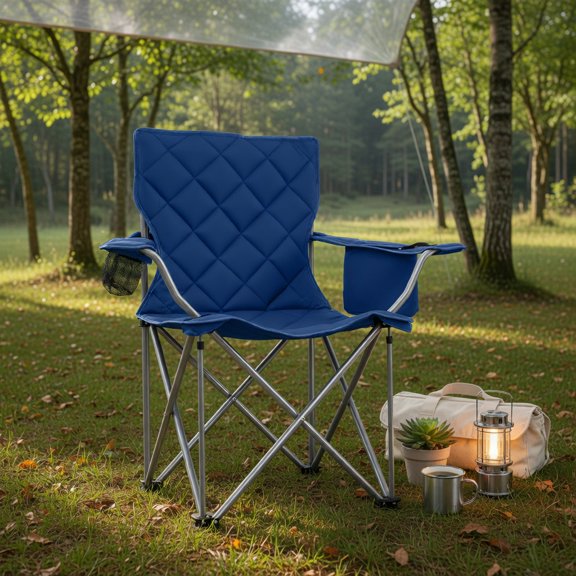 Resenkos Extra Large Outdoor Folding Camping Chair with Built in Cooler Bag and Cup Holder, Sturdy Portable Chair for Camping and Picnics, Blue