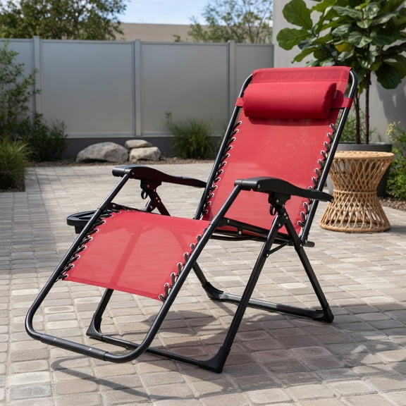 Resenkos Extra‑Wide Zero‑Gravity Folding Lounge Chair, Multi‑Position Lockable Reclining Backrest, 500 lb Weight Capacity with Cup Holder and Head Pillow for Patio Backyard, Dark Red