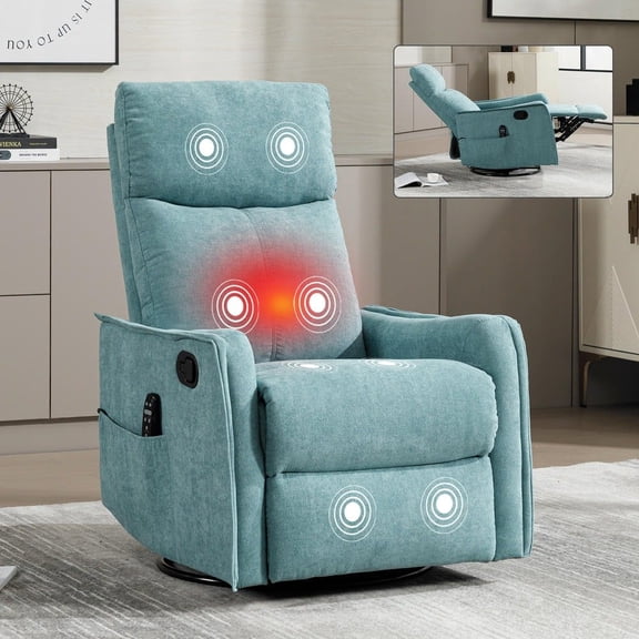 Resenkos Fabric Recliner with Heat Massage and Swivel Function - Antique Blue Green