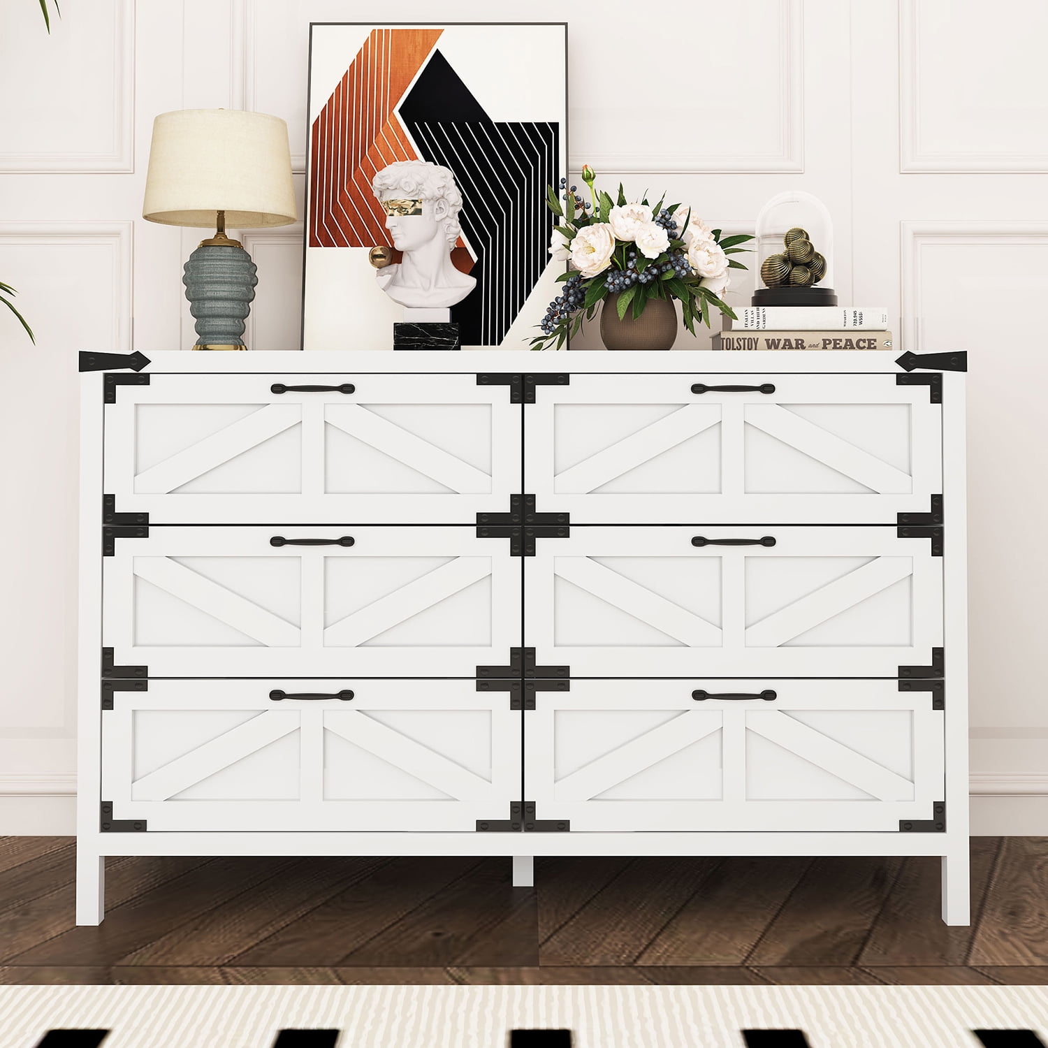 Resenkos Farmhouse 6 Drawer Wide Dressers Chests for Bedroom, Chest of  Drawer Organizer White