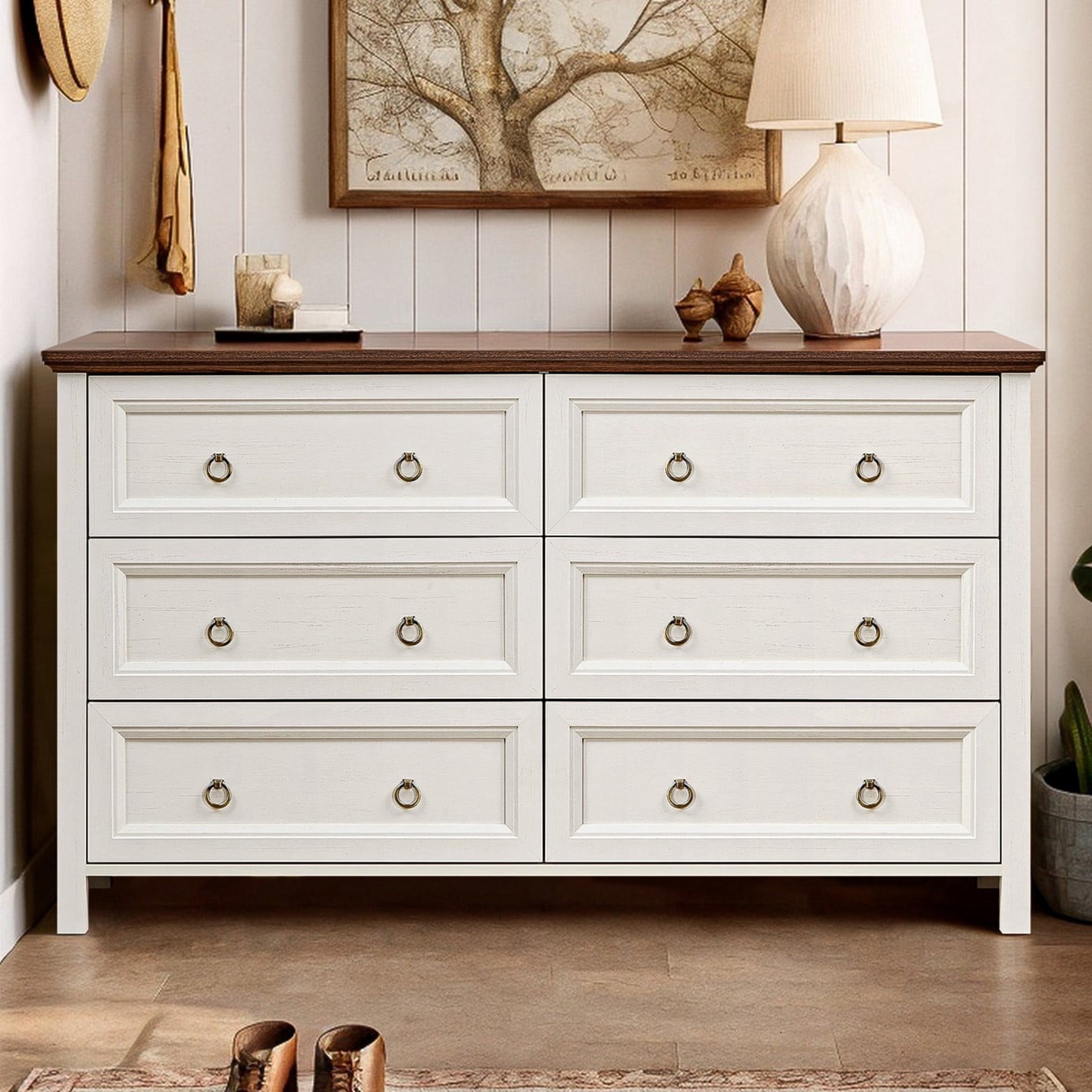 Resenkos Farmhouse 6 Drawers Dresser for Bedroom, Wood Vintage Wide ...