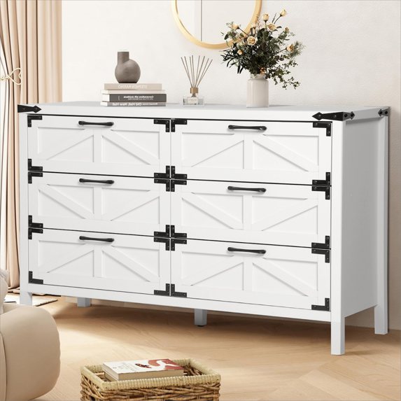 Resenkos Farmhouse Barn 6 Drawers Dresser for Bedroom, Modern Chest of Drawers Wood Drawer Organizer Natural White
