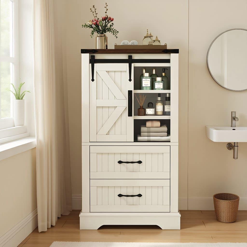 Resenkos Farmhouse Bathroom Floor Cabinet, Freestanding Wooden Organizer with Sliding Barn Door and Adjustable Shelves, Organizer with Anti-Toppling Design for Home, Bathroom, White