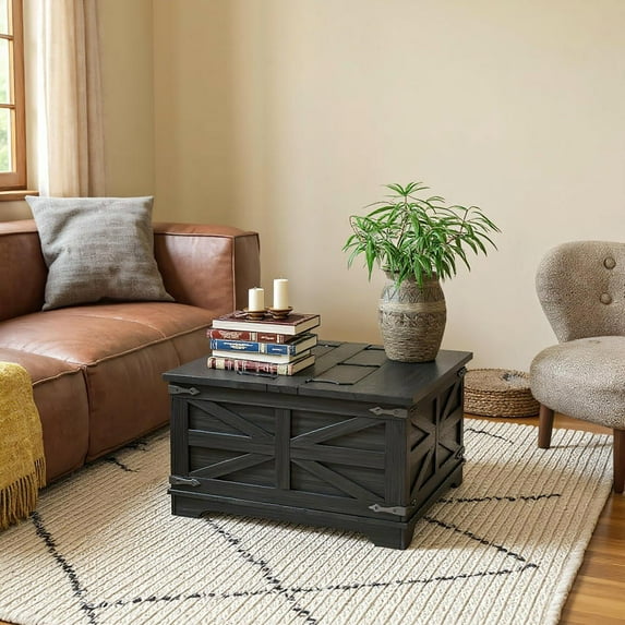 Resenkos Farmhouse Coffee Table,Square Center Table with Flip-top Lids, Hidden Storage Compartment,Solid Particleboard, MDF Frame, Distressed Black