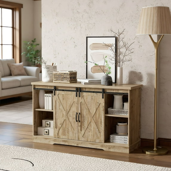 Resenkos Farmhouse Entertainment Center with Adjustable Shelves and Storage Cabinet-Gray, Mid Century Modern TV Stand for Living Room Bedroom