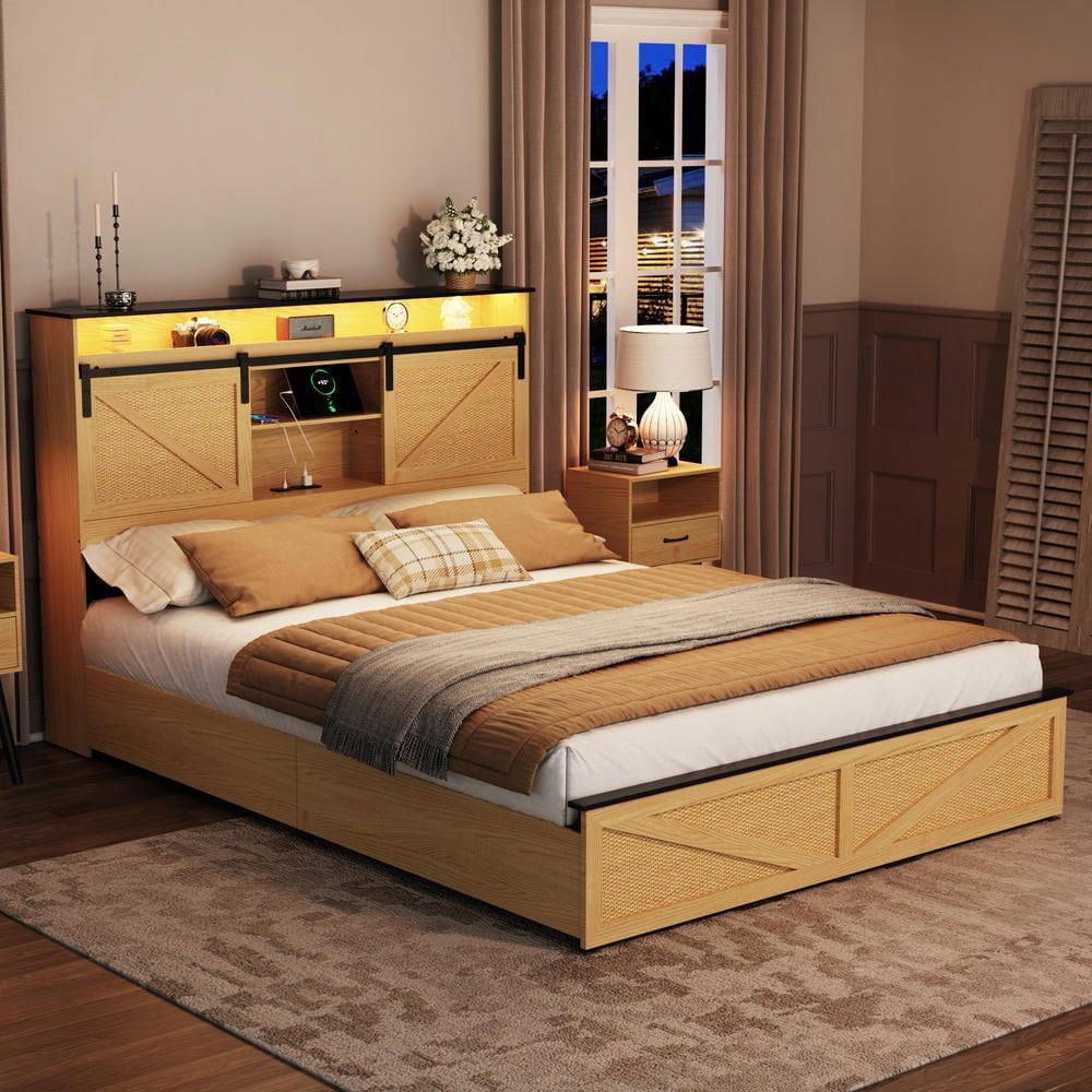 Resenkos Farmhouse Full Size Bed Frame with Storage Headboard & Drawers ...