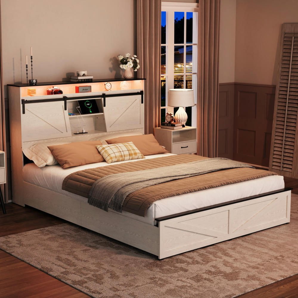 Resenkos Farmhouse Full Size Bed Frame with Storage Headboard & Drawers ...