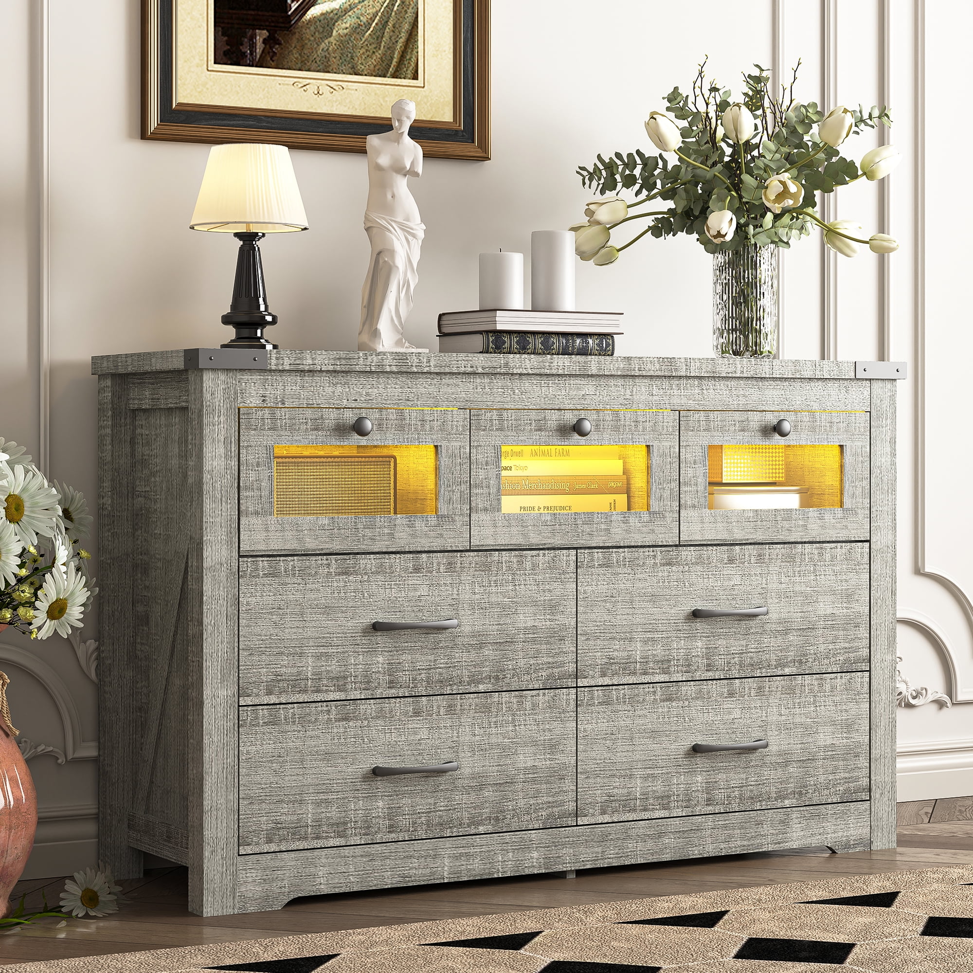 Resenkos Farmhousetic Wooden Led 7 Drawers Dresser for Bedroom, Industrial Gray Chest of Drawers