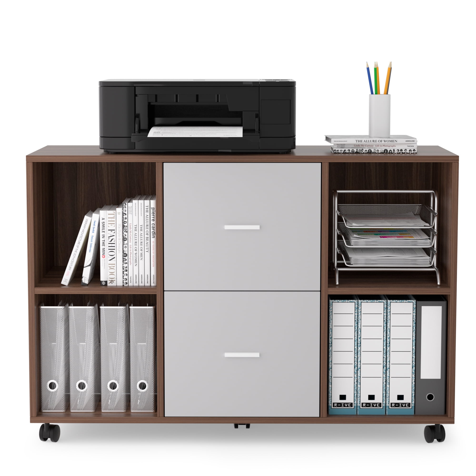 Resenkos File Cabinet 2 Drawers Wooden Lateral Filling Cabinet with Lock Mobile for Home Office Printer Stand with 4 Open Storage Shelves,Walnut-light gray