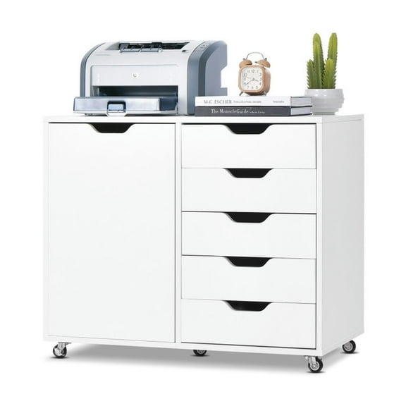 Resenkos Filing Cabinet Office Drawers, Office Storage Cabinet,5-Drawer Dresser Chest Mobile Storage Cabinet with Door-White