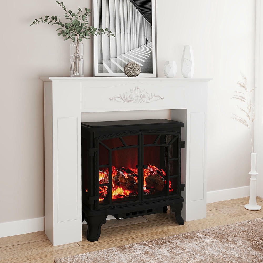 Resenkos Fir Wood Fireplace Mantel Surround, 44.75" W x 40" H, Freestanding Electric Fireplace Stove Mantel, Distressed White