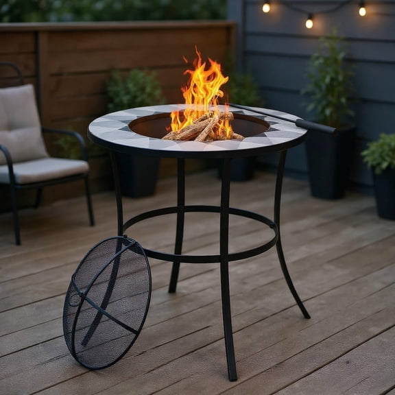 Resenkos Fire Pit Table, Fire Bowl Table,Outdoor Firepit Table,23.5 Inches Round Fire Pit Table with Mesh Cover and Fire Poker