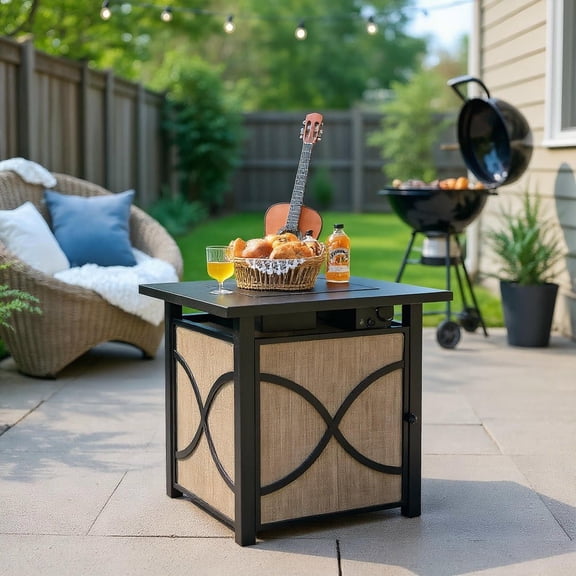 Resenkos Fire Pit Table, Fire Bowl Table,Outdoor Firepit Table,25 Inch 40000 BTU Propane Fire Pit Table with Lid and Fire Glass