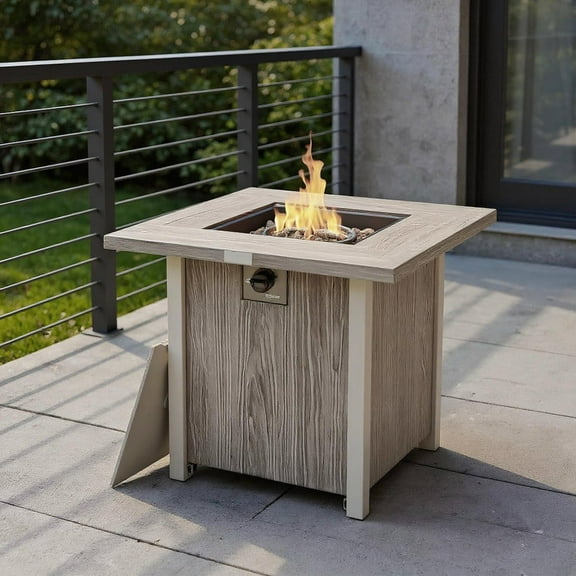 Resenkos Fire Pit Table, Fire Bowl Table,Outdoor Firepit Table,28 Inch 40 000 BTU Square Fire Pit Table with Lid and Lava Rocks-Gray
