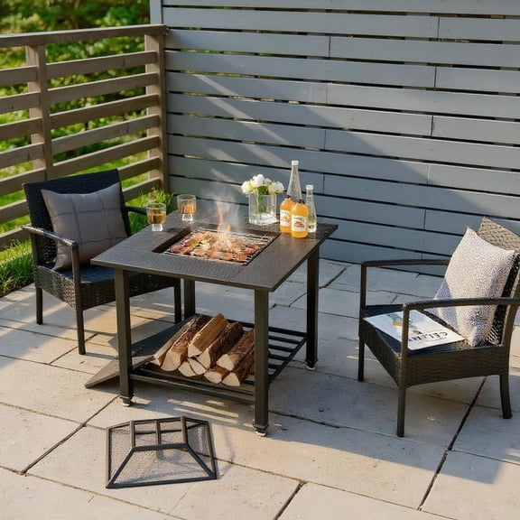 Resenkos Fire Pit Table, Fire Bowl Table,Outdoor Firepit Table,31 Inch Outdoor Fire Pit Dining Table with Cooking BBQ Grate