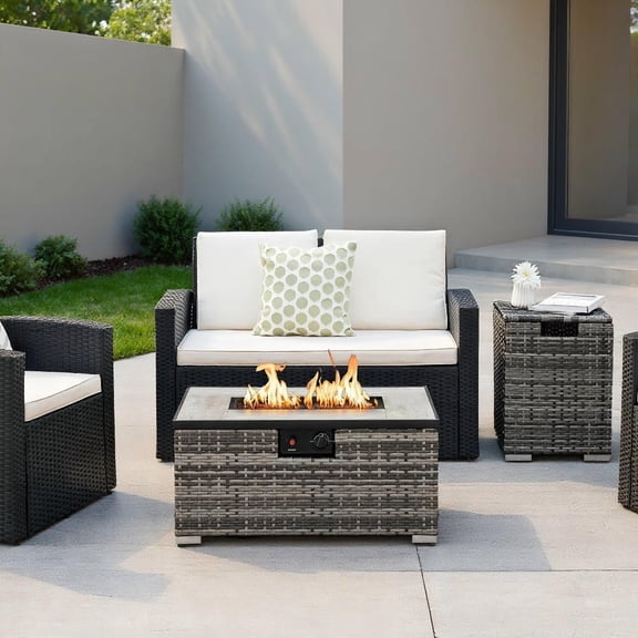 Resenkos Fire Pit Table, Fire Bowl Table,Outdoor Firepit Table,32 x 20 Inch Propane Rattan Fire Pit Table Set with Side Table Tank and Cover-Gray