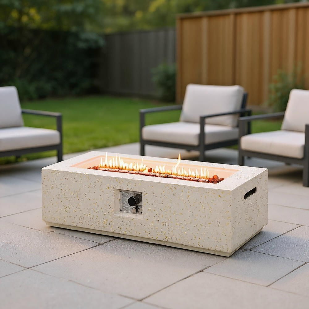 Resenkos Fire Pit Table, Fire Bowl Table,Outdoor Firepit Table,42 Inch 50 000 BTU Rectangle Terrazzo Fire Pit Table with PVC Cover-White