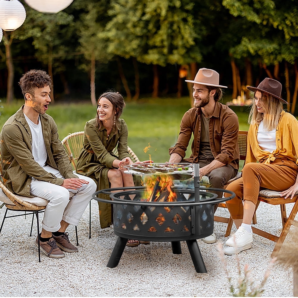 EDOEMSE Fire Pits, Small Fire Pit, 30in Outdoor Metal Fire Pit with Cooking Grates Black