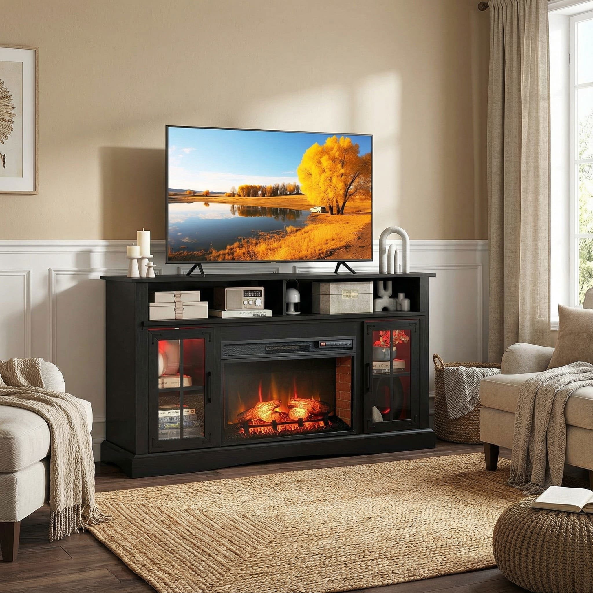 Resenkos Fireplace TV Stand with Remote Thermostat, 3D Flame