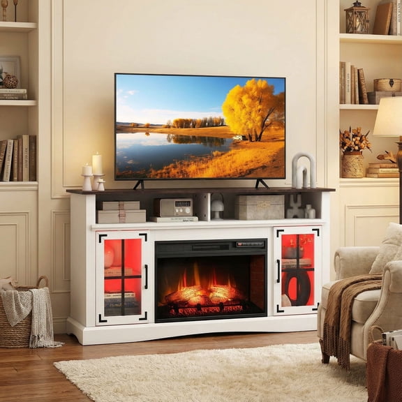 Resenkos Fireplace TV Stand with Remote Thermostat, 3D Flame Entertainment Center for TVs Up to 50 Inch, White