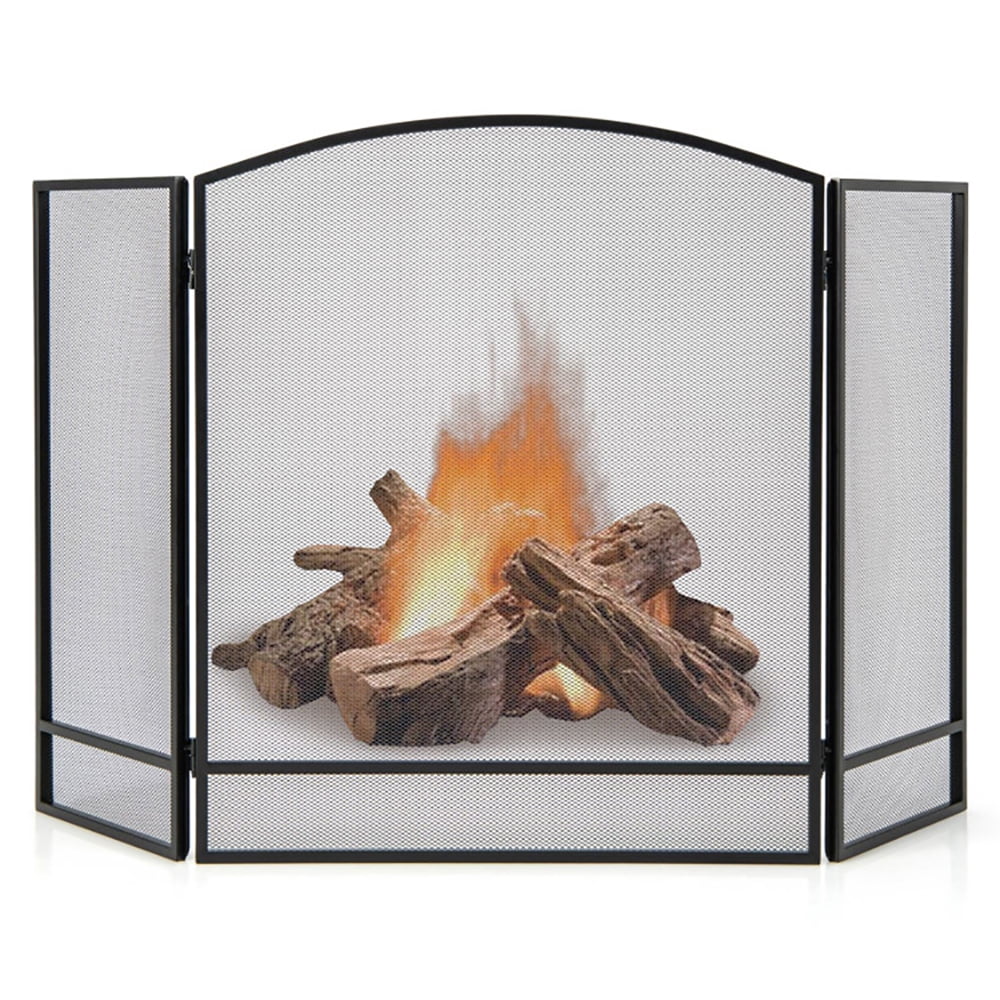 Resenkos Fireplace Toolset,3-Panel Foldable Fireplace Screen with Wrought Metal Mesh-Black