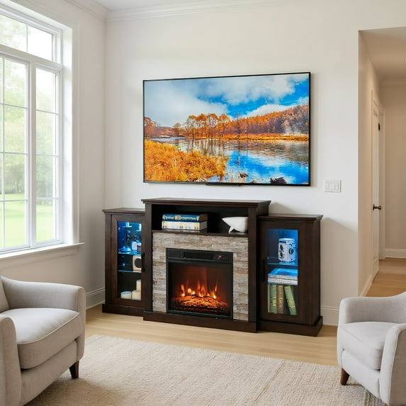 Resenkos Fireplace TV Stand with 16-Color Led Lights for TVs up to 65 Inch-Dark Brown, Mid Century Modern TV Stand for Living Room Bedroom