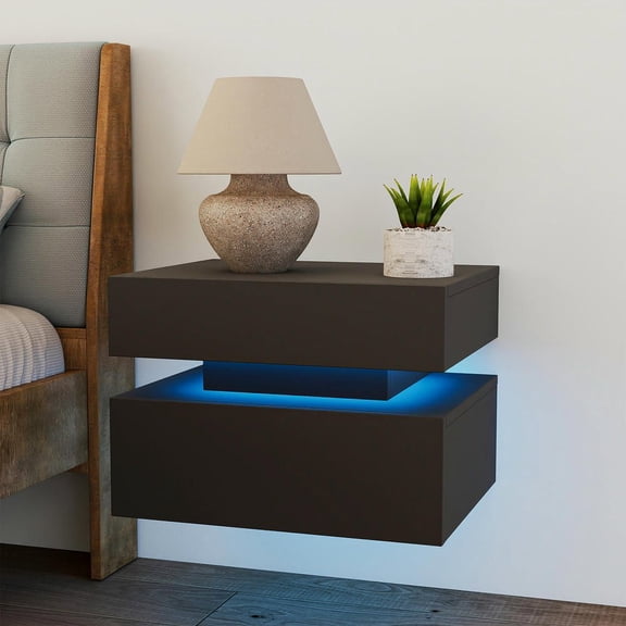 Resenkos Floating Nightstand with LED Lights, 2 Drawers, 3 Lighting Modes, for Bedroom, Living Room, Study, Black