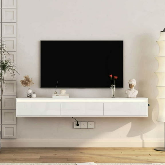 Resenkos Floating TV Stand (Wall-Mounted), TV Shelf with LED Lights & Power Outlet, High-Gloss TV Cabinet for Living Room - White