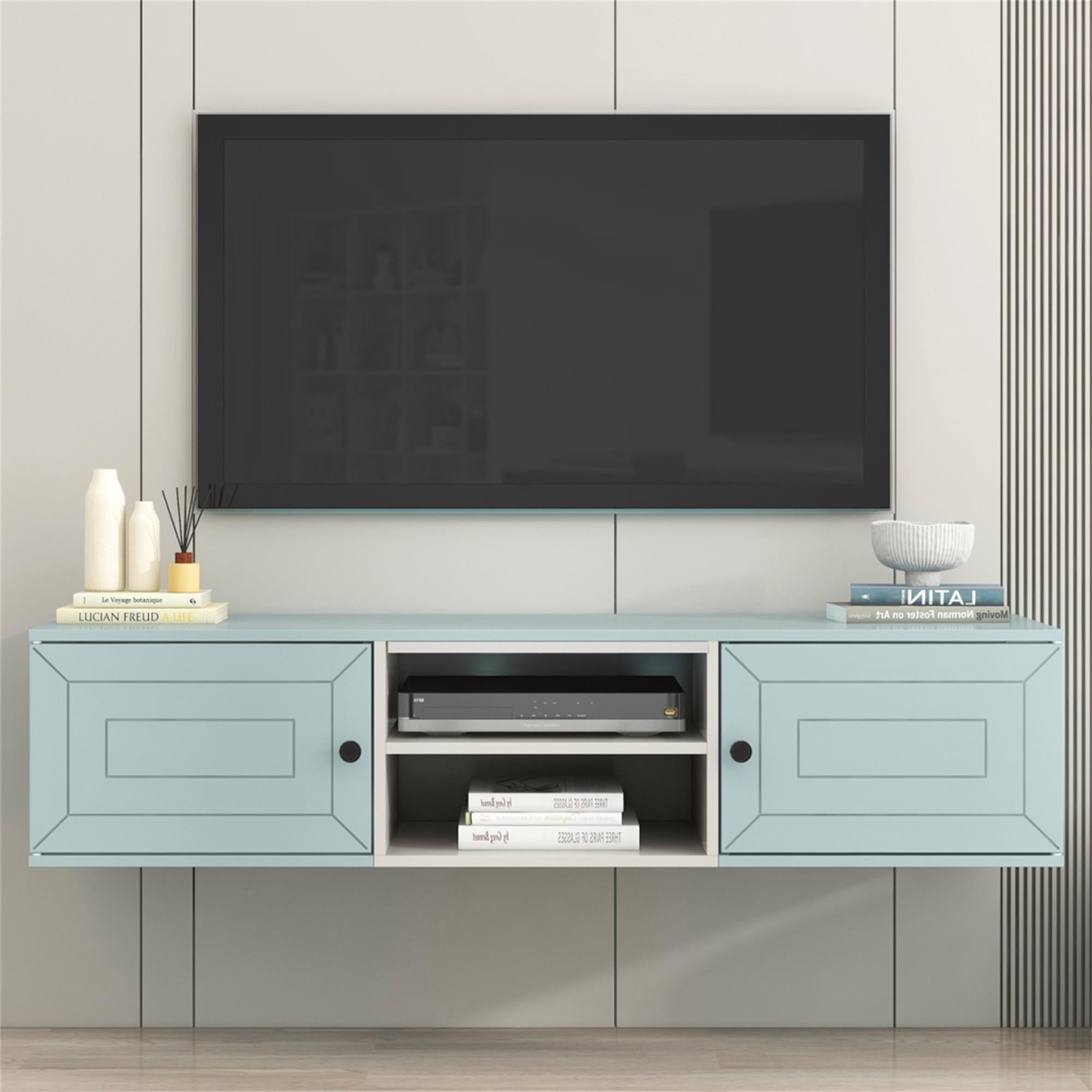 Resenkos Floating TV Stand Wall Mounted with Adjustable shelves, Modern High Gloss Entertainment Center for 70Inch TVs, Blue