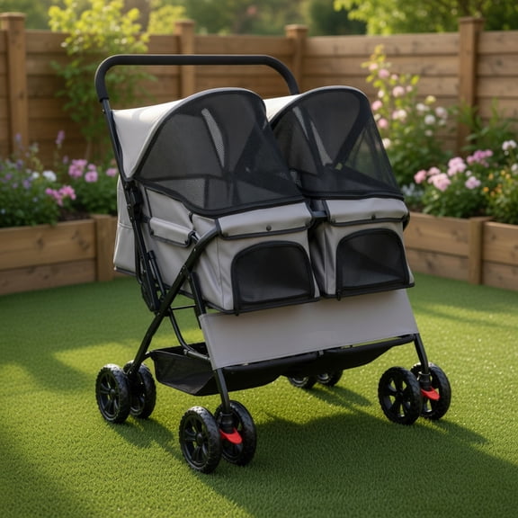 Resenkos Foldable Double Pet Stroller for 2 Pets – Adjustable 180° Sunshade, Rustproof Aluminum Frame, Dual Storage Baskets & Brake Wheels – Gray