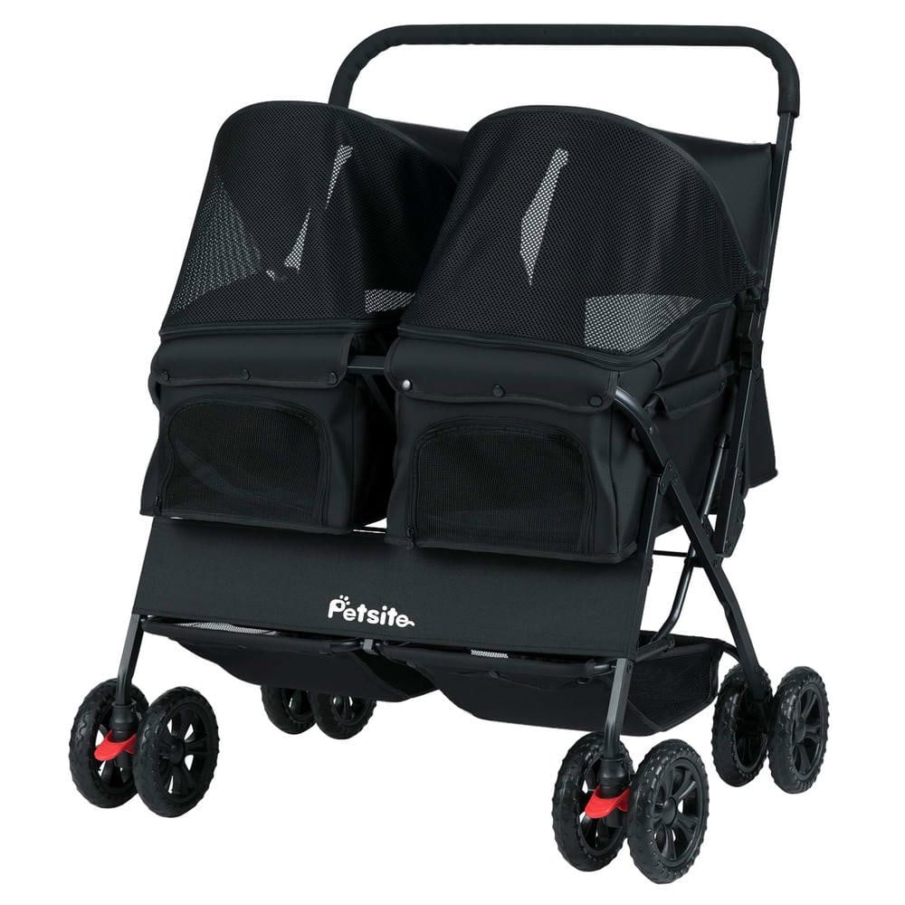 Resenkos Foldable Double Pet Stroller with Sunshade and Storage Basket, Black