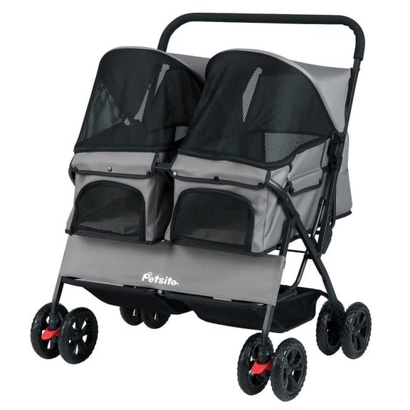 Resenkos Foldable Double Pet Stroller with Sunshade and Storage Basket, Gray