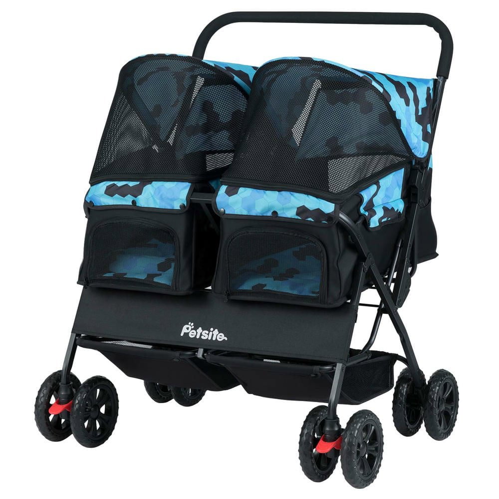 Resenkos Foldable Double Pet Stroller with Sunshade and Storage Basket, Navy Blue