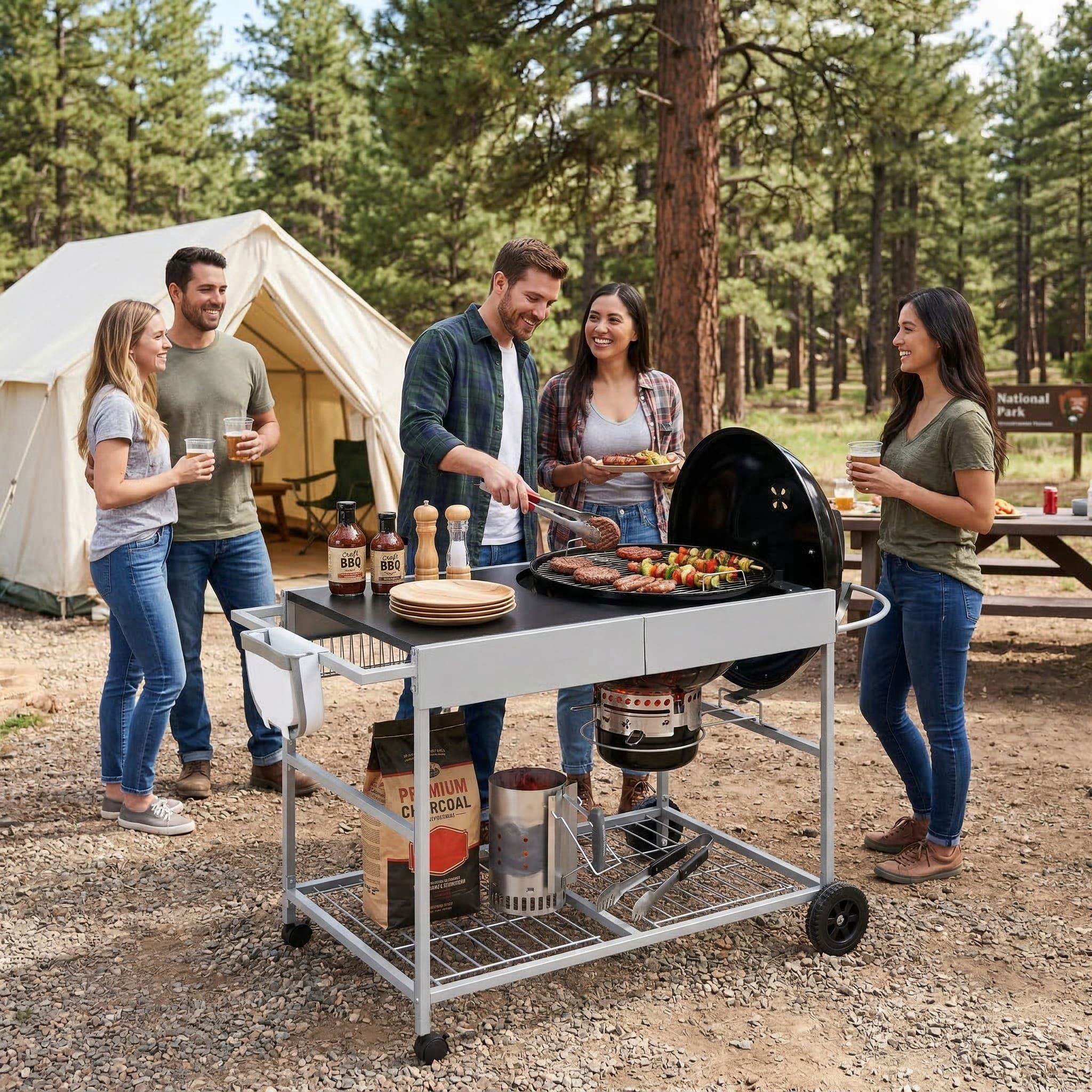 Resenkos Foldable Food Prep Station with Lockable Wheels & Storage Shelf, Movable Grill Table Fits 18/22 Inch Weber Kettle for Camping, BBQ, Silver