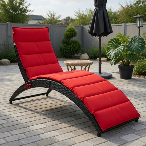 Resenkos Foldable Outdoor Rattan Lounge Chair with Thick Cushion PE Wicker Chaise for Patio, Deck & Poolside Red, Turquoise, Beige