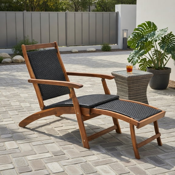 Resenkos Foldable Rattan Lounge Chair with Acacia Wood Frame Retractable Footrest, Rustic Patio Deck Chair for Backyard, Poolside & Garden (360 lb Capacity)