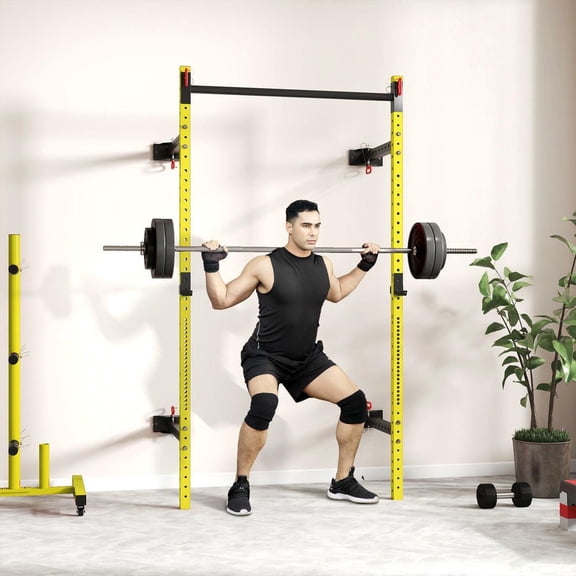 Resenkos Foldable Wall-Mounted Squat Rack with Pull-Up Bar, 1000 lb Max - Yellow