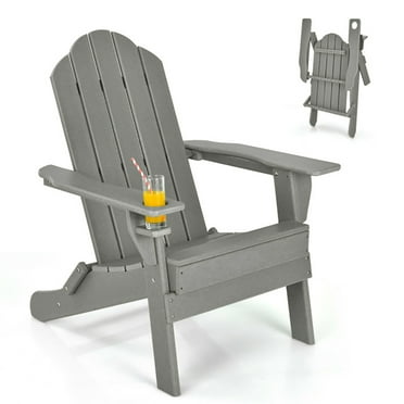 Resenkos Folding Adirondack Chair, Foldable Weather Resistant Patio Chair with Built-in Cup Holder-Gray,Patio Chairs, Lawn Chairs for Deck, Backyard, Garden