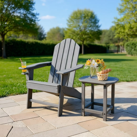 Resenkos Folding Adirondack Chair, Outdoor Adirondack Chair with Built-in Cup Holder for Backyard Porch-Gray,Patio Chairs, Lawn Chairs for Deck, Backyard, Garden